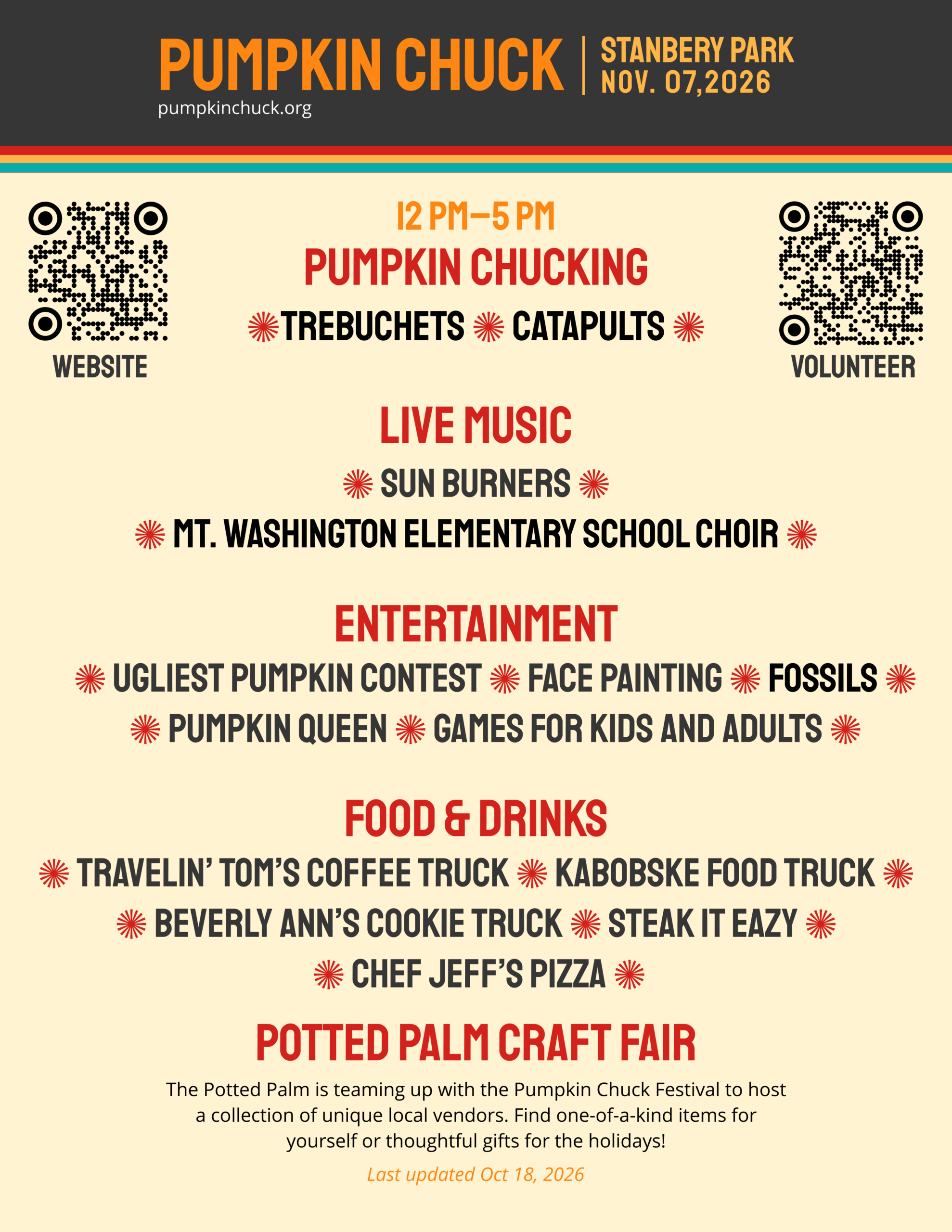 Pumpkin Chuck flyer: November 7, 2026, noon–5 p.m. at Stanbery Park. Features pumpkin chucking with trebuchets and catapults; live music by Sun Burners and the Mt. Washington Elementary School Choir; contests, face painting, fossils, games, food trucks, and the Potted Palm Craft Fair. Visit pumpkinchuck.org for details. QR codes link to the website and volunteer information.